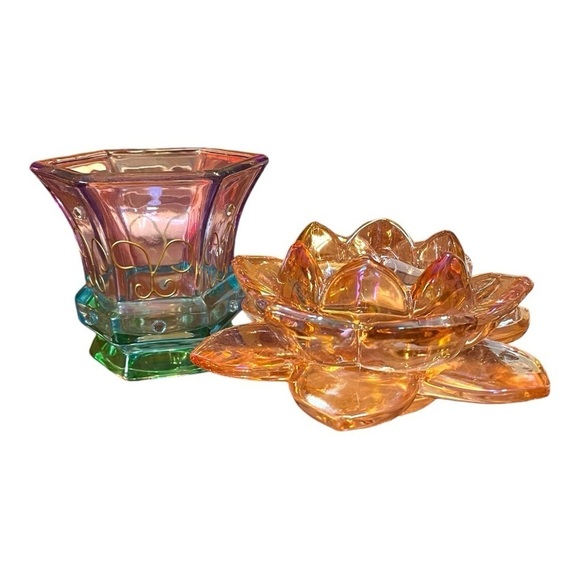 Partylite Mardi Gras tea light holder, and a pretty lotus flower tea light, EUC - Picture 2 of 9
